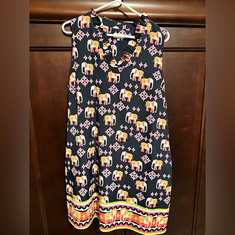 Crown & Ivy Navy and Pink Elephant Print Sleeveless Dress
